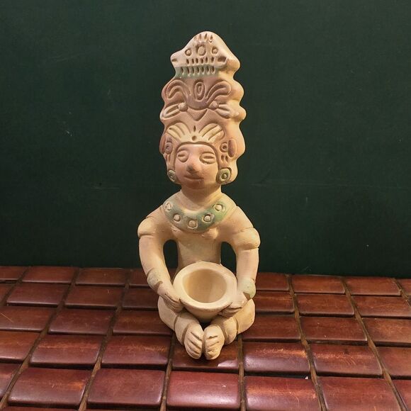 Vintage Mayan Clay Idol Sculpture w/ Offering Bowl 8.5"x4"x4" - Picture 1 of 5